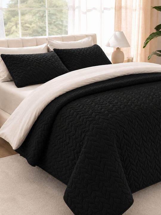 Barron Leaf Mid Night Black Quilted Bed Spread