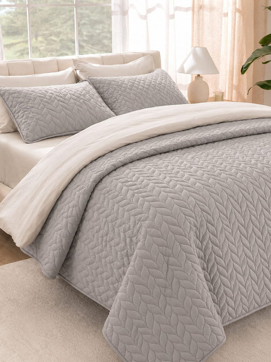 Barron Leaf Silver Grey Quilted Bed Spread
